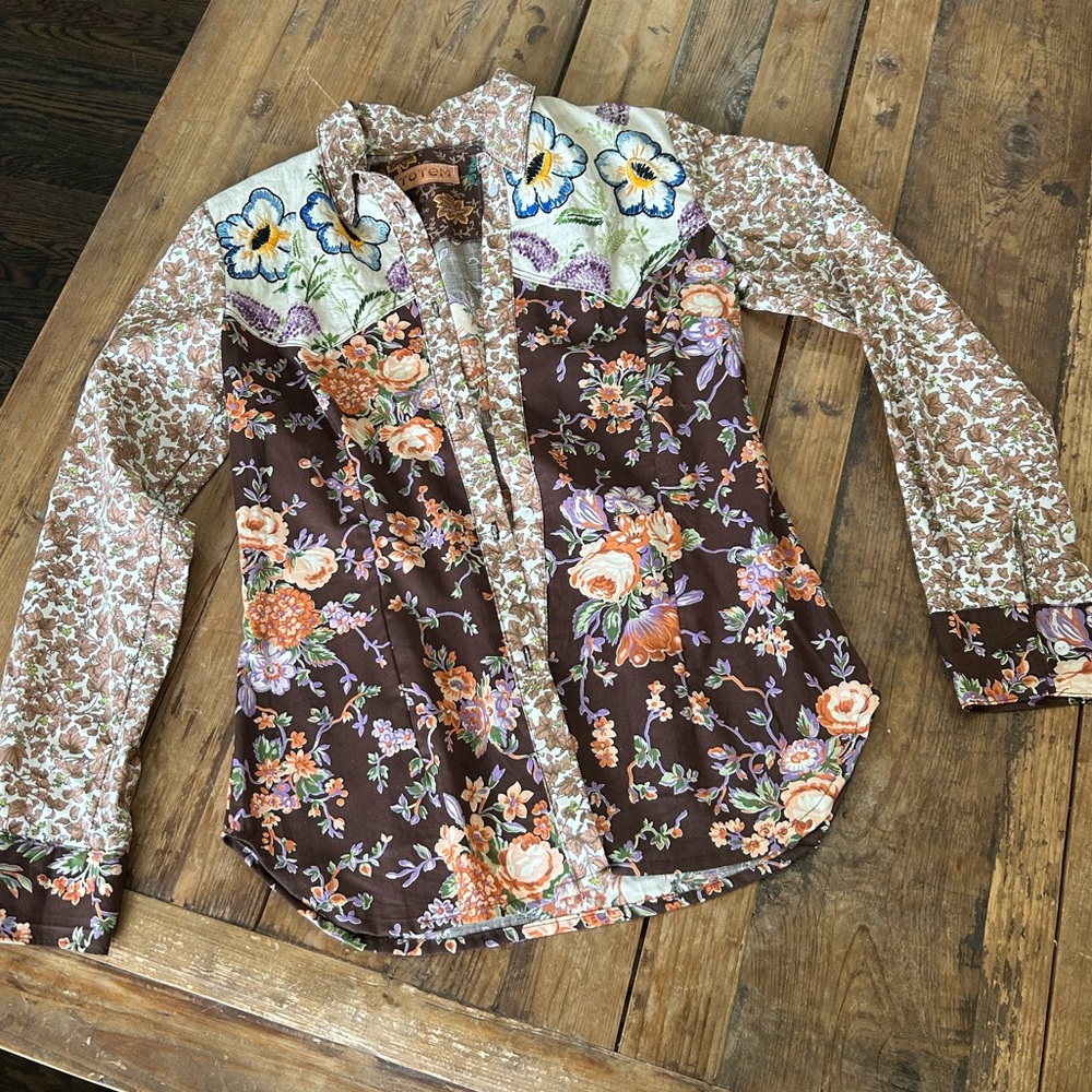 Totem Salvaged Wrangler Embroidered Patchwork Button Down Shirt OOAK (XS)